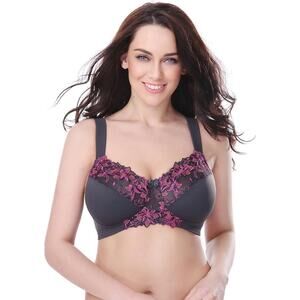 Curve Muse Gray Embroidered Floral Unlined Wire Free Minimizer‎ Bra Size 40B